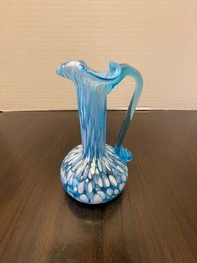 Vintage Handblown Small Aqua Blue/Turquoise Midcentury Pilgrim Glass Pitcher